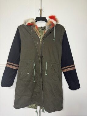 Miss Me Olive Green Hooded Parka with Black Sleeves and Multicolor Faux Fur S